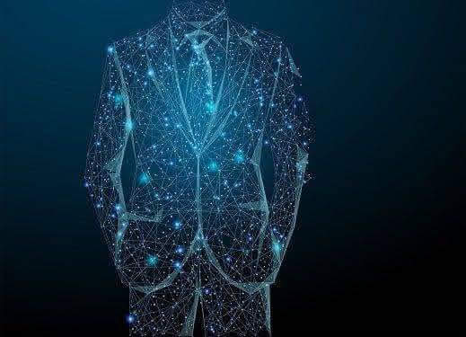Professional silhouette made of luminous lines and digital connections.