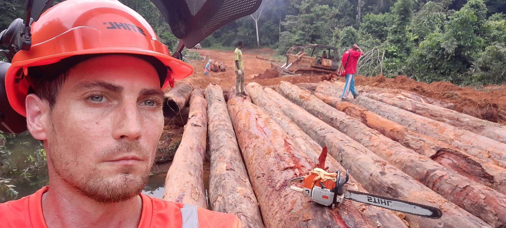 Grégory Mastorgio on a forestry worksite in Gabon with field teams, equipment and logs.